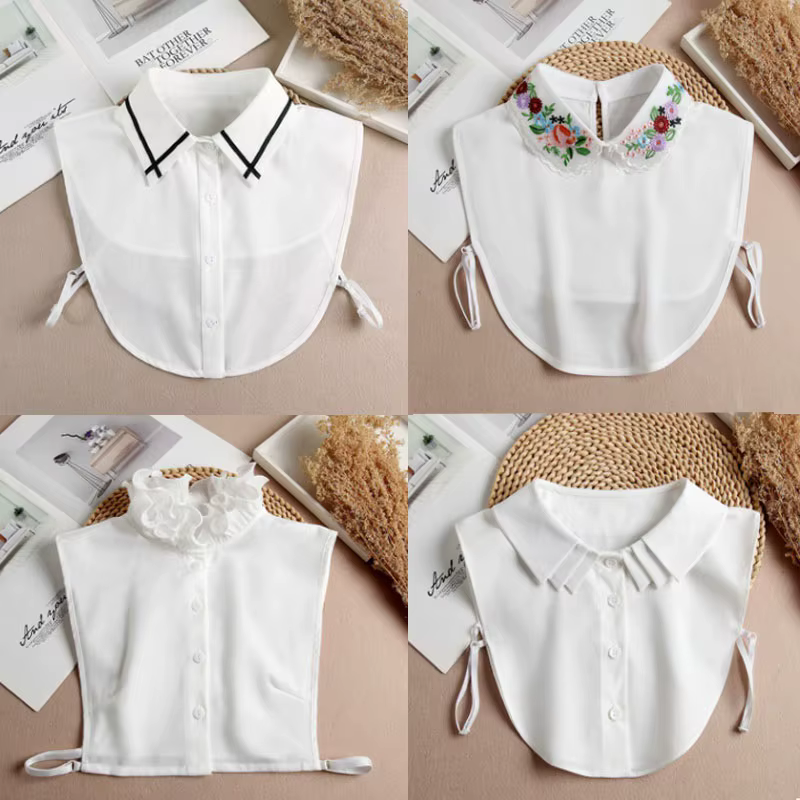 Faux col en mousseline de soie pour femme, manches en coton, chemise amovible, chemisier à revers, haut, décor, mode