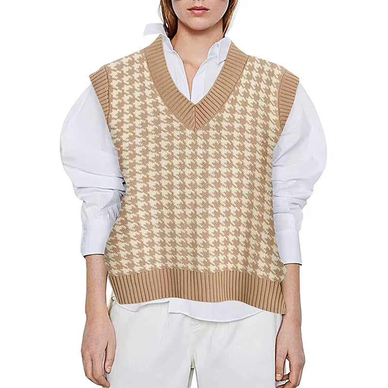 FibrGeometric-Pull pied-de-poule GlaWomen, Pull à col en V, Pull décontracté, Pullover doux, Tricots coréens, Automne et hiver 2025