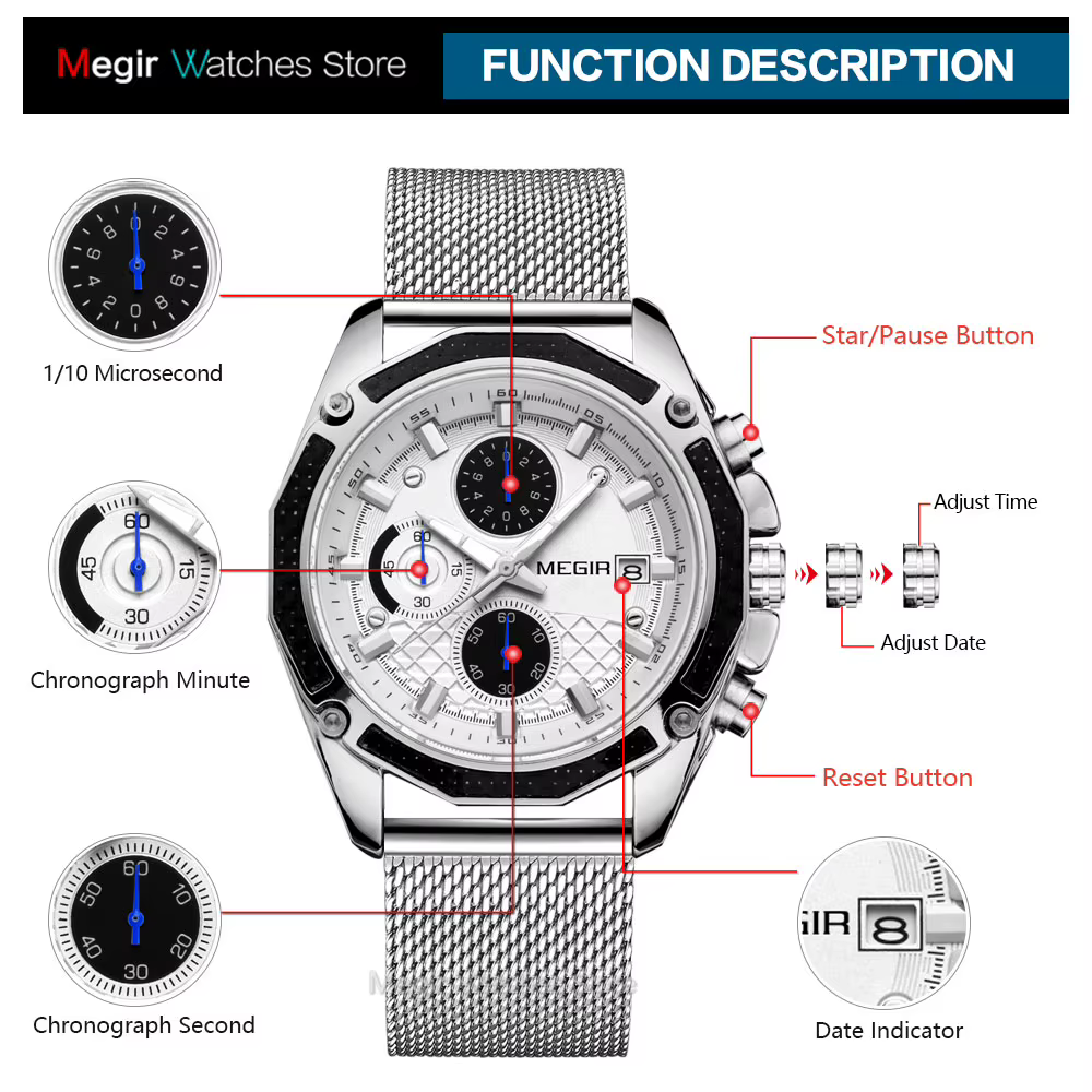 MEGIR – montre de luxe à Quartz pour hommes, chronographe, étanche, bracelet en maille, Sport militaire décontracté, 2020