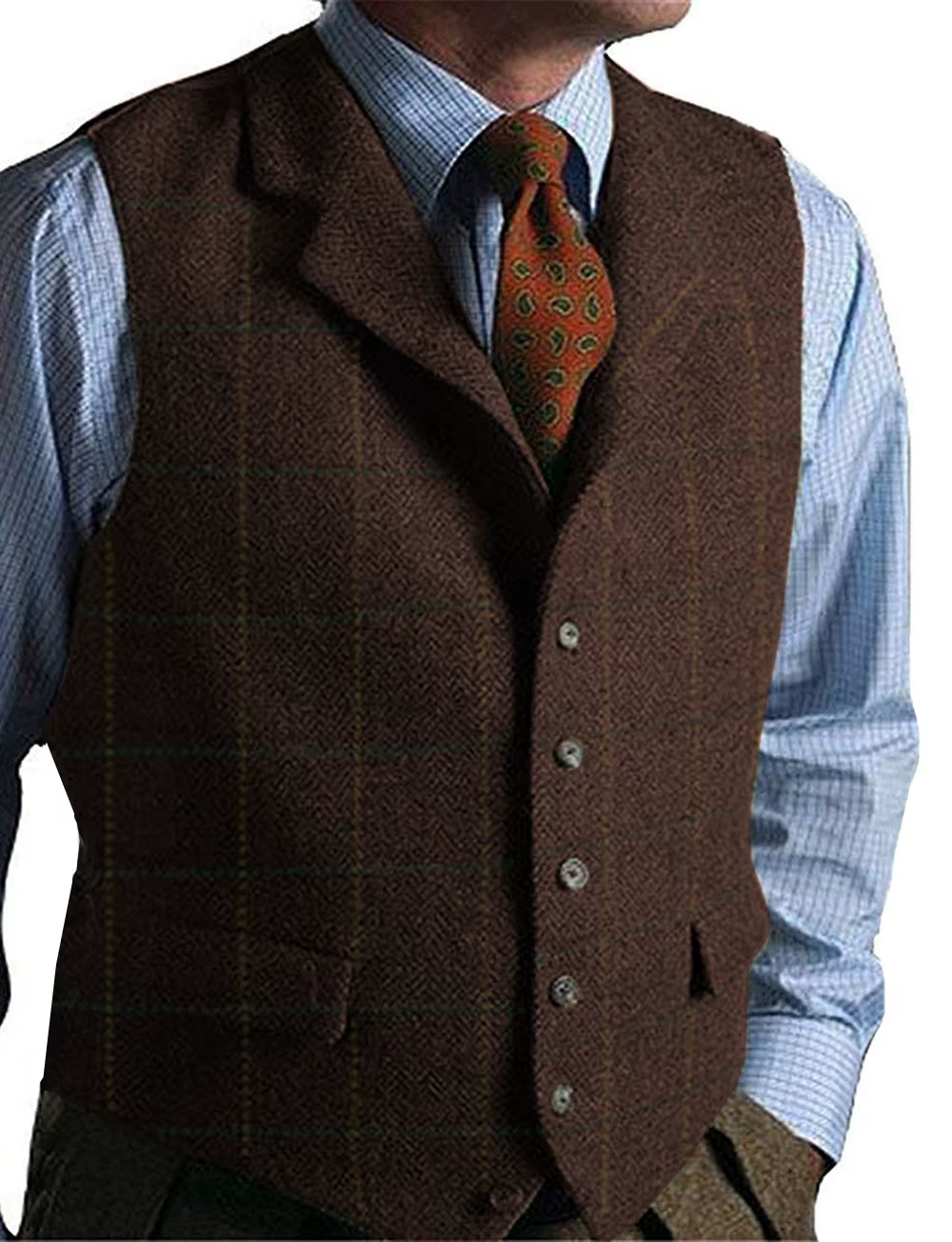 Gilet vert pour hommes, gilet en laine Tweed, coupe cintrée, costume à carreaux à revers, gilet de smoking en Tweed à chevrons, pour mariage personnalisé, 2019