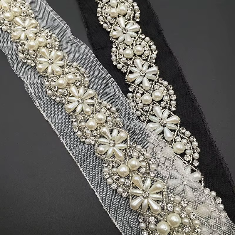 Garniture en dentelle perlée blanche/noire, 1Yard 5.5cm, ceinture de mariée, garniture de bijoux