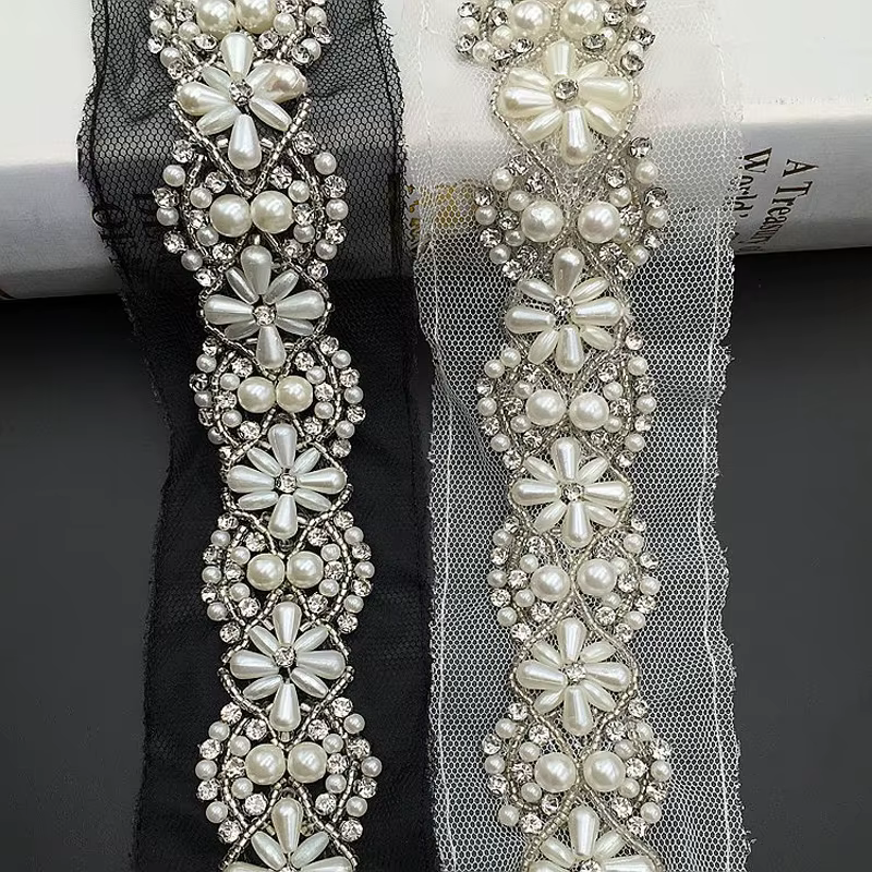 Garniture en dentelle perlée blanche/noire, 1Yard 5.5cm, ceinture de mariée, garniture de bijoux