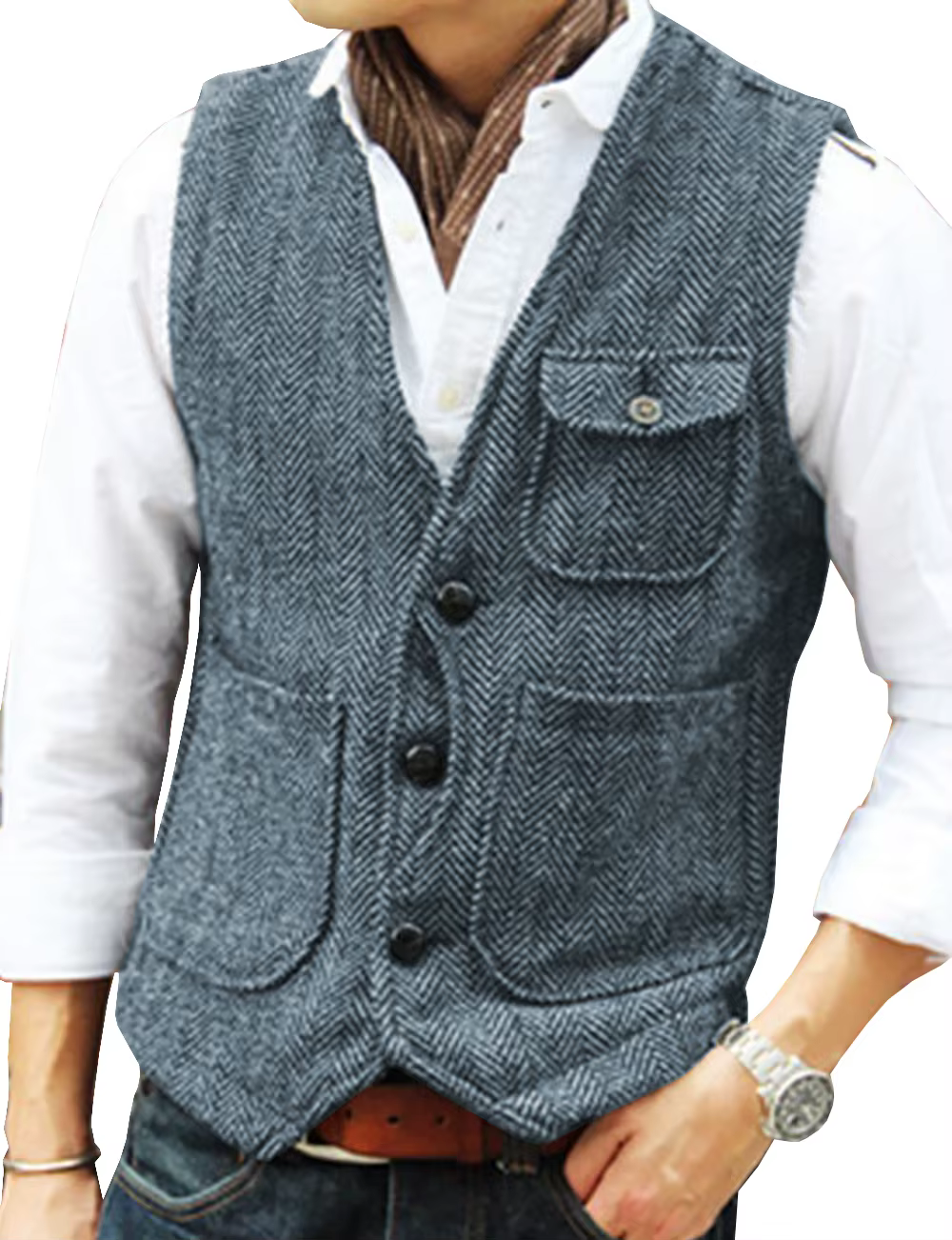 Gilet d'outillage décontracté formel en Tweed à chevrons marron col en V