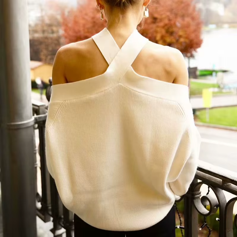 Pull à col licou croisé vintage en polyester et acrylique pour femmes occasions automne hiver ```