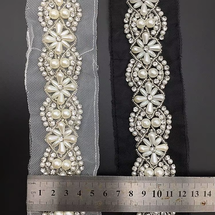 Garniture en dentelle perlée blanche/noire, 1Yard 5.5cm, ceinture de mariée, garniture de bijoux