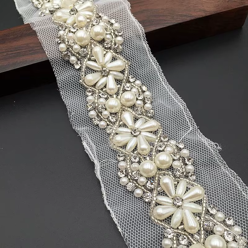 Garniture en dentelle perlée blanche/noire, 1Yard 5.5cm, ceinture de mariée, garniture de bijoux