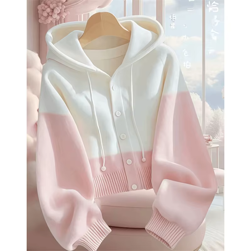Cardigan tricoté à capuche épissé rose et blanc pour femme