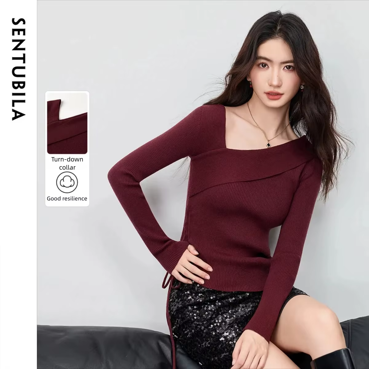 Pulls pour femmes SENTUBILA Automne 2026 – Hauts en maille ajustés avec cordon de serrage latéral et col asymétrique rabattable W53HA3051