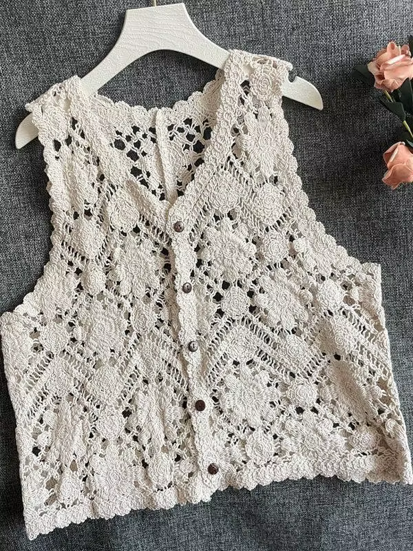 Gilet en crochet floral brodé pour femme