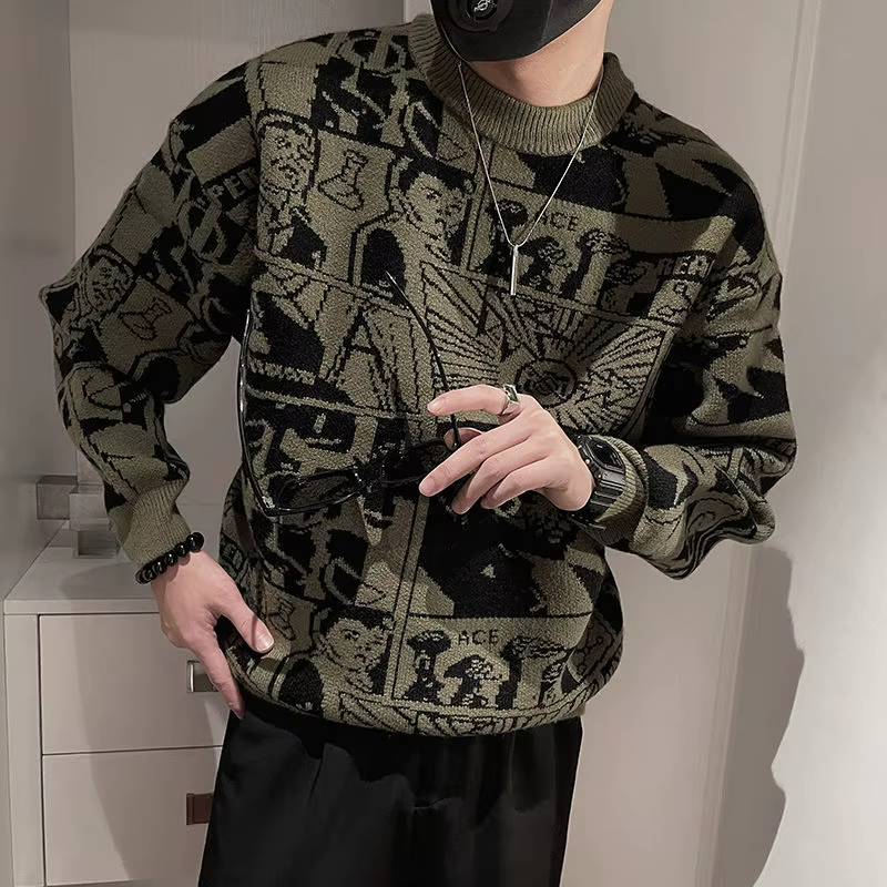Pull à fleurs pour hommes, chemise à bascule tendance à manches longues, pull tricoté à la mode personnalisé, printemps et automne