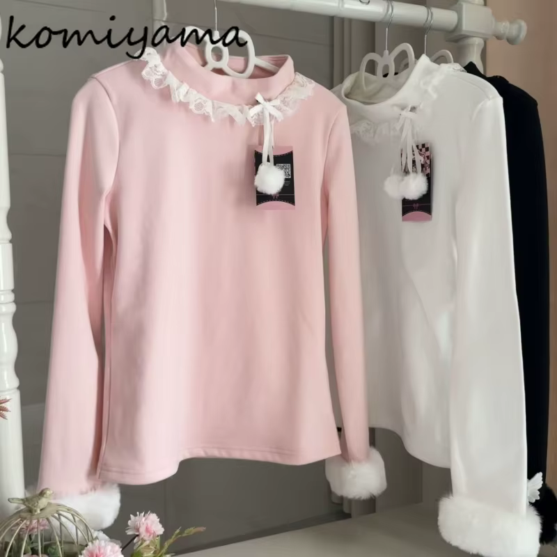 Doux dentelle volants Ropa Mujer 2026 vêtements Femme fourrure épissé à manches longues Pulls Femmes Y2k