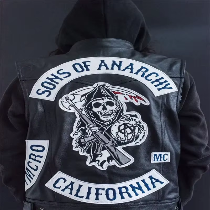 Gilet en cuir pour hommes, Costume de Cosplay de moto, veste sans manches, Sons An broderie Rock Punk, gilet en PU, col en V ukh