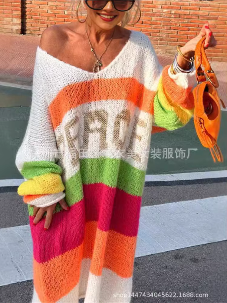 Pull tricoté Extra Long à rayures arc-en-ciel pour femme