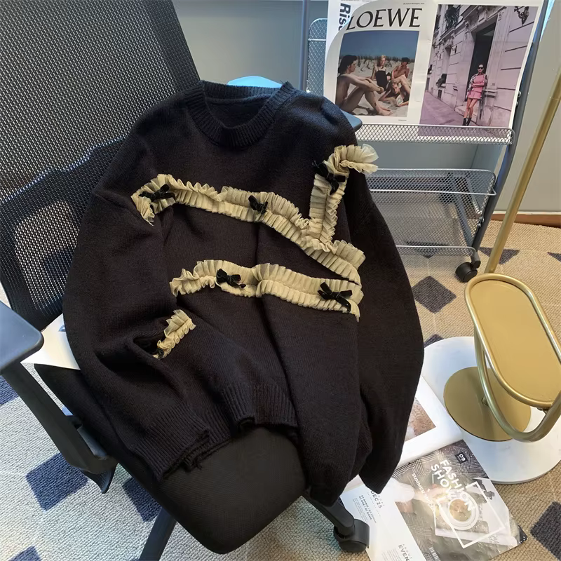Faire un nouveau pull d'hiver femme col rond dentelle nœud papillon détendu joker bord bref paragraphe