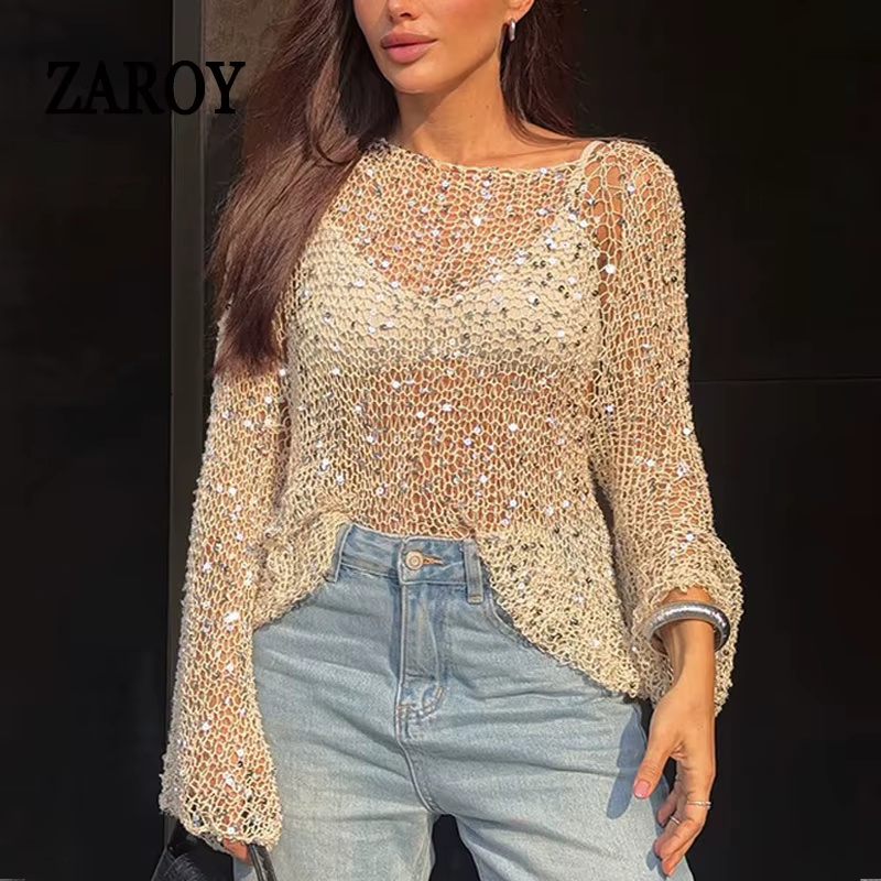 ZAROY femmes paillettes tricot évider pulls décontracté ample à manches longues col rond brillant Crochet couverture