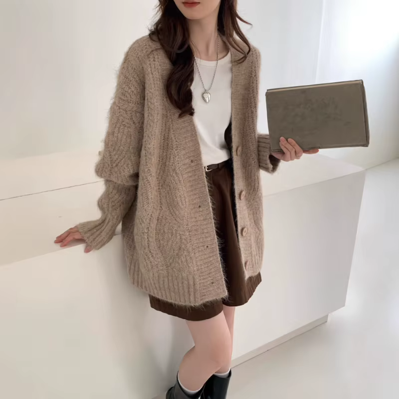 Manteau Cardigan tricoté Long à col en v, chaud et paresseux, manteau pull pour femme, automne et hiver