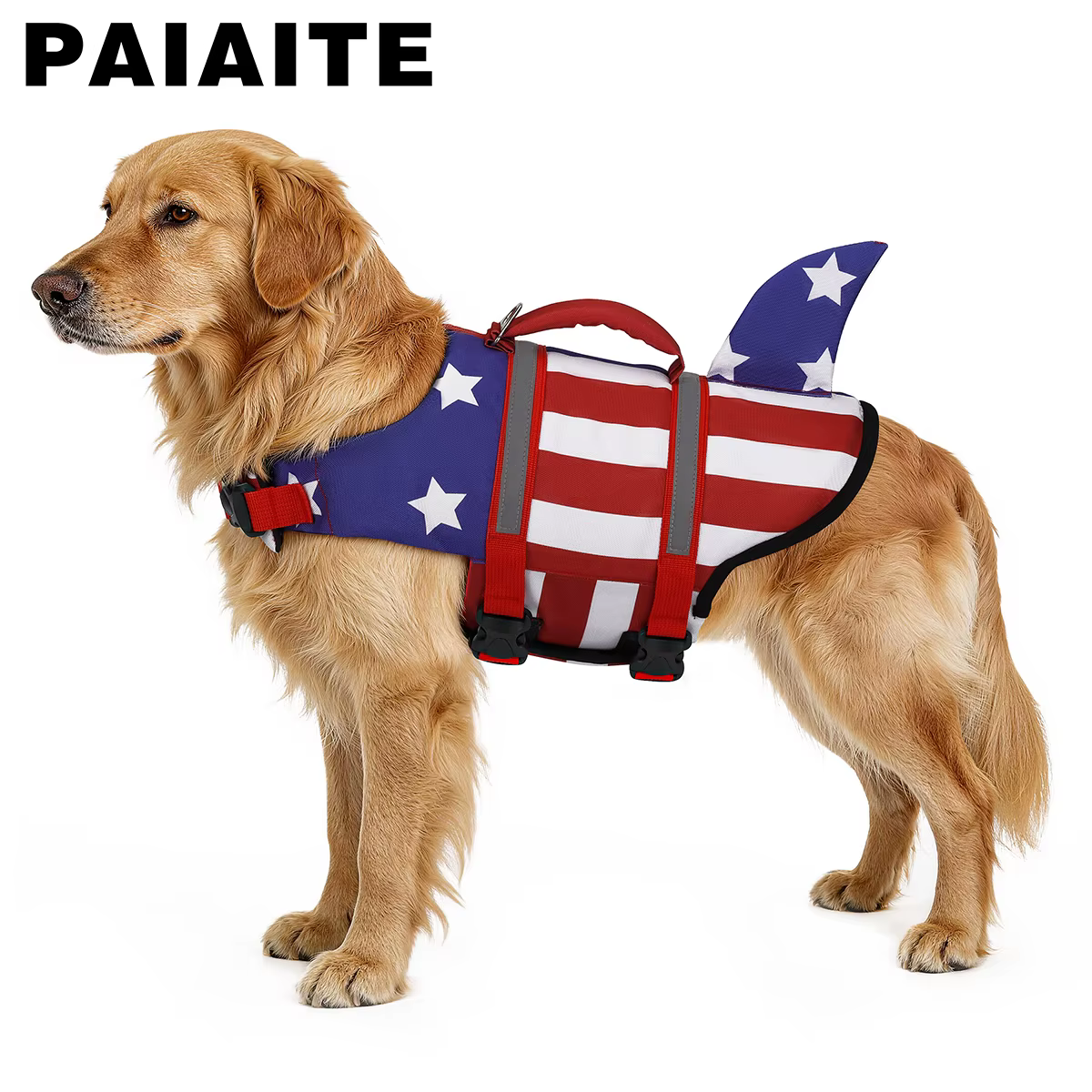 Gilet de sauvetage pour chien Shark US Flag, gilet de natation réfléchissant avec poignée de sauvetage, flottabilité élevée réglable pour chiens de petite, moyenne et grande taille