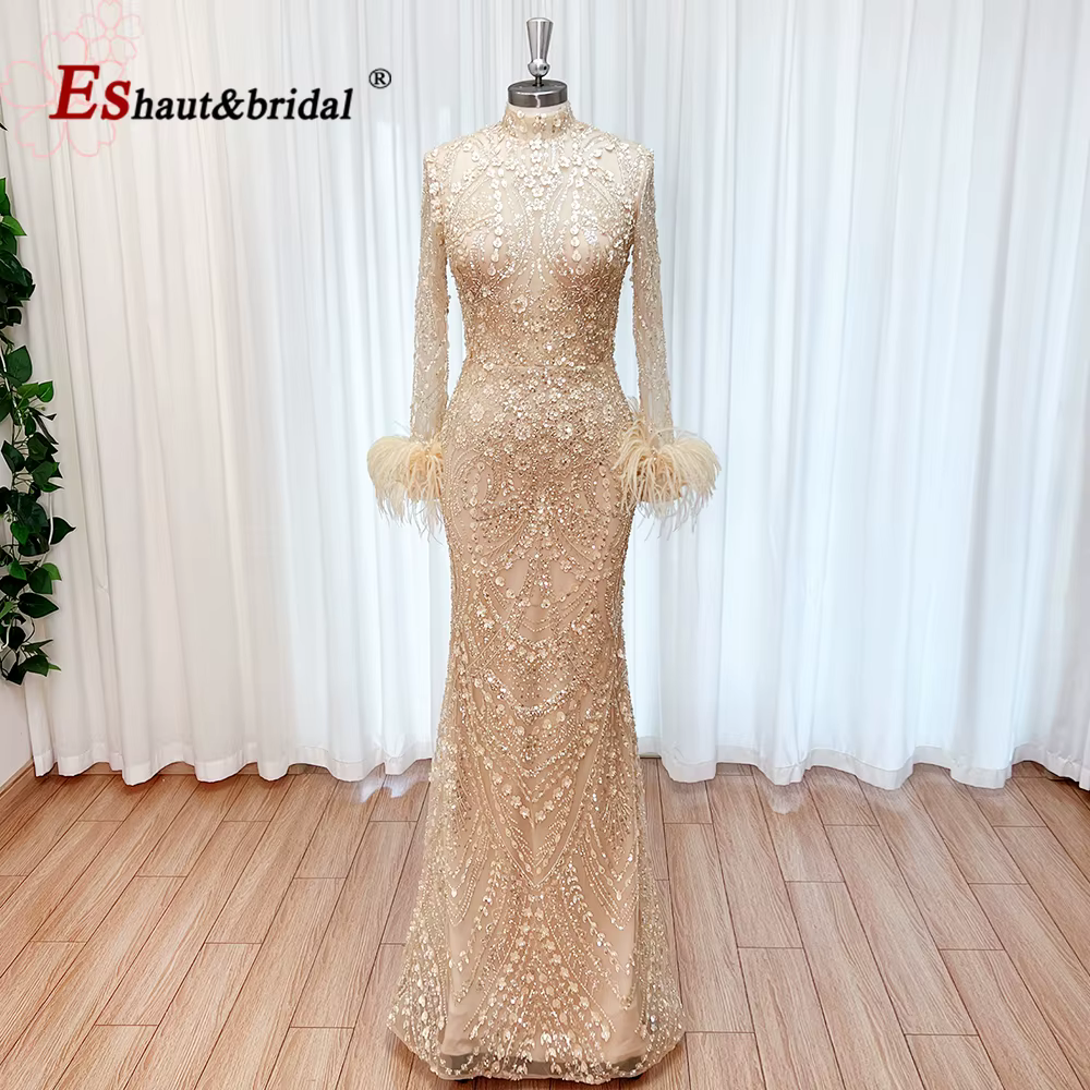 Robe de soirée musulmane élégante, col haut, manches longues, détail de fleurs 3D, pour femmes, robe formelle de bal de mariage, personnalisée