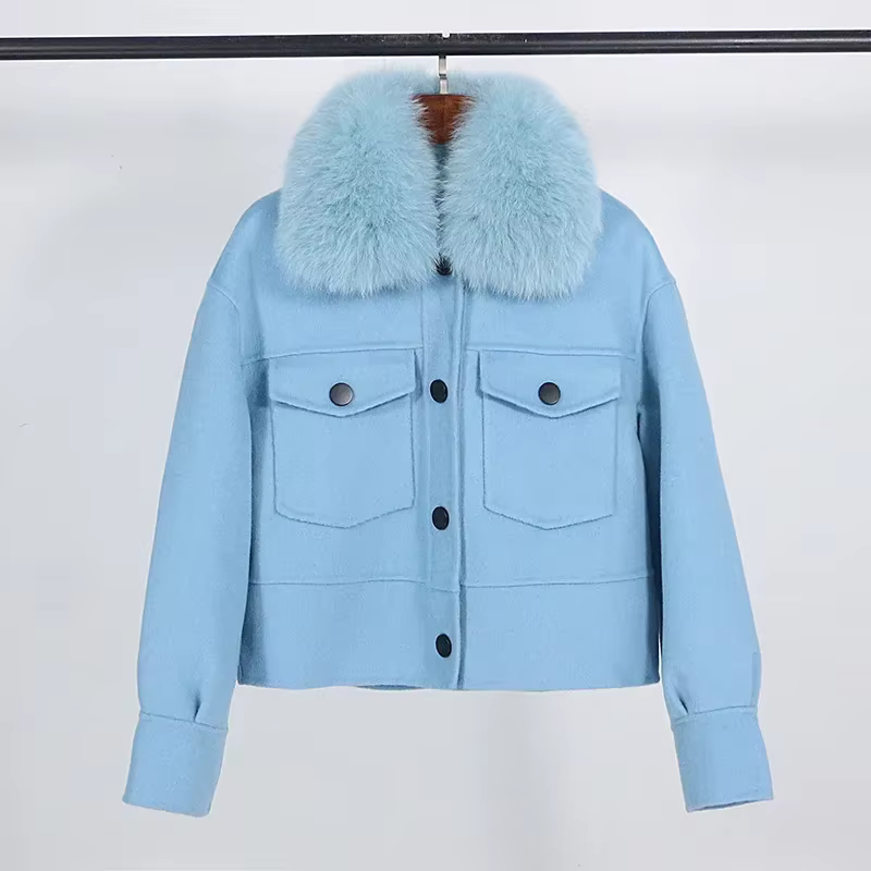 Manteau court décontracté pour femme avec col en fourrure de renard