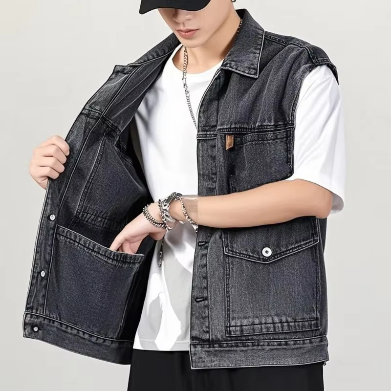 Gilet en jean rétro d'été tendance pour hommes, veste Cargo sans manches, vêtements de travail multi-poches