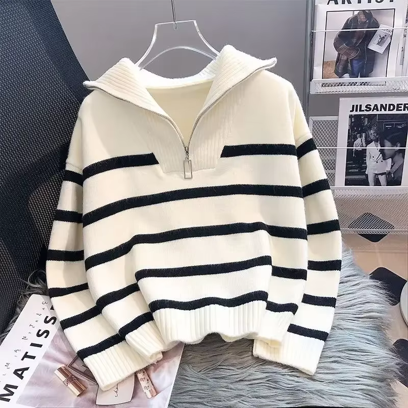 Pull à Rayures Femmes Polyester Coton Décontracté Col Rabattu Fermeture Éclair Occasions Spéciales Automne Hiver