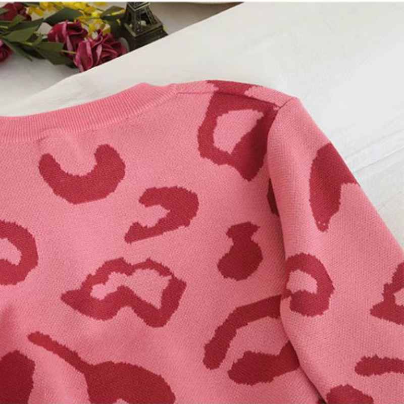 Léopard Vintage acrylique tricot col rond à manches longues pull femme