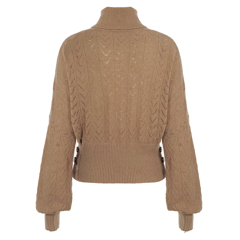 Col roulé marron tricoté pull Vintage femmes manches longues chauve-souris évider bouton tirer taille