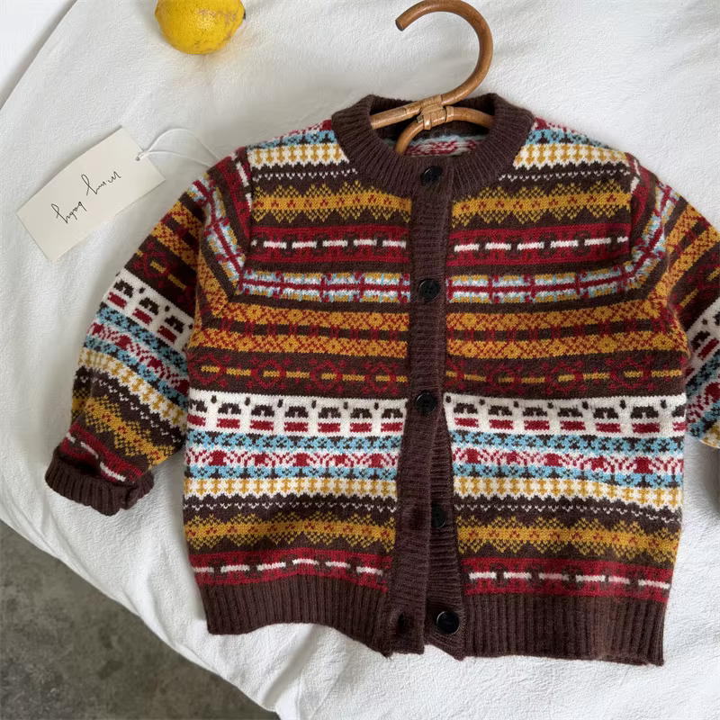Pull pour enfants 2026 – Nouvelle collection printemps-automne-hiver – Cardigan color block pour garçons et filles – Manteau tricoté rétro pour bébé