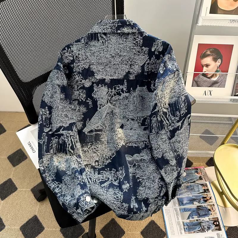 Veste en jean brodée de style punk pour hommes, veste en jean jacquard, vêtements d'automne et d'hiver, style européen, coupe décontractée