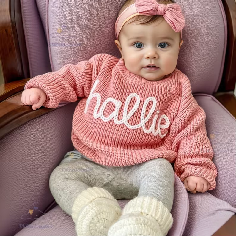 Pulls personnalisés avec nom brodé à la main pour enfants, pull en tricot pour bébé, monogramme personnalisé, cadeau de Noël, cadeau d'anniversaire