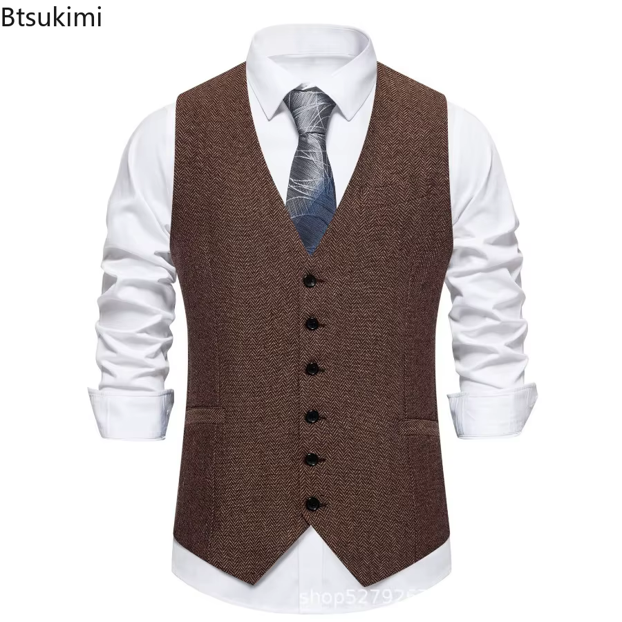 Gilet de costume pour hommes, couleur unie, costume à chevrons, vêtements de travail décontractés, rétro marron, gilet à simple boutonnage pour hommes