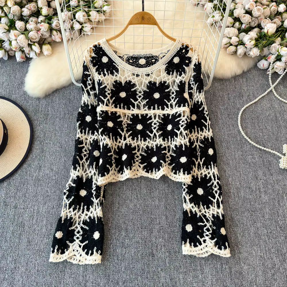 Daisy Crochet Tricot Pull À Manches Longues Sheer Open-knit Crop Top