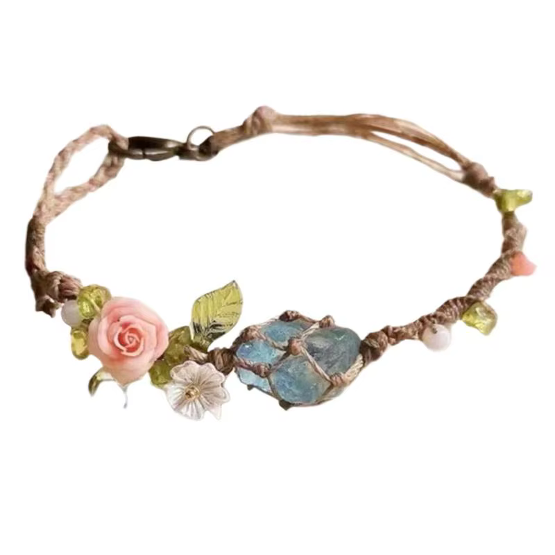 Bracelet ajustable fait main en perles d'aigue-marine, maille de cristal, bijou élégant pour le yoga et le fitness