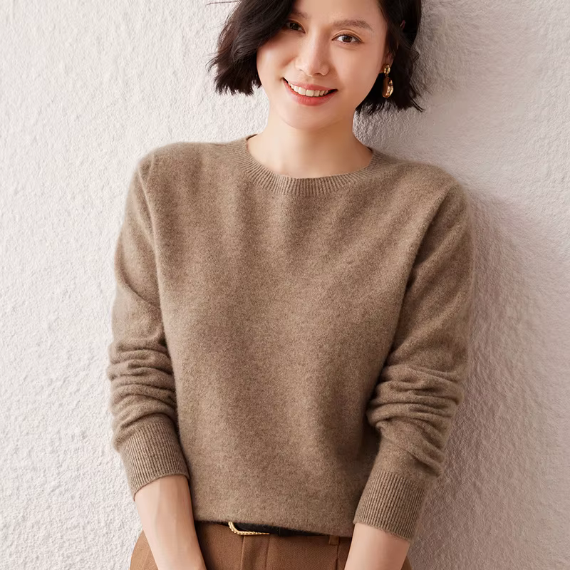 Pull en cachemire à manches longues et col rond pour femme