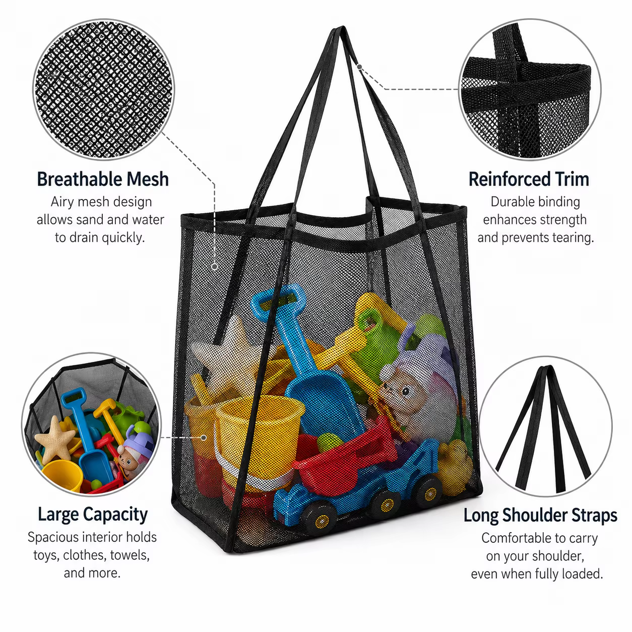 Sac fourre-tout en maille grande capacité, pliable, léger, sac de courses en maille, sac de rangement pour jouets de plage, sac à bandoulière en filet, en nylon durable, 30x24x33cm