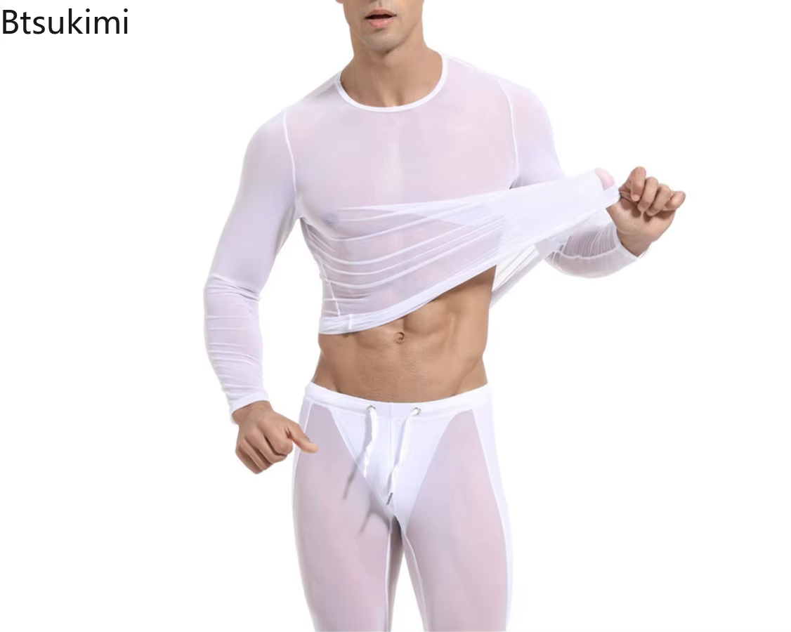 T-shirts sexy en maille pour hommes 2026 – Hauts transparents à manches longues très élastiques – T-shirts de compression pour le sport et le fitness – Tenue de gym transparente