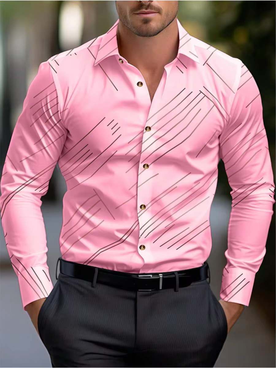 Chemise col rond pour hommes, manches longues, revers rayé, chemise décontractée pour le printemps, l'automne, l'hiver et l'été