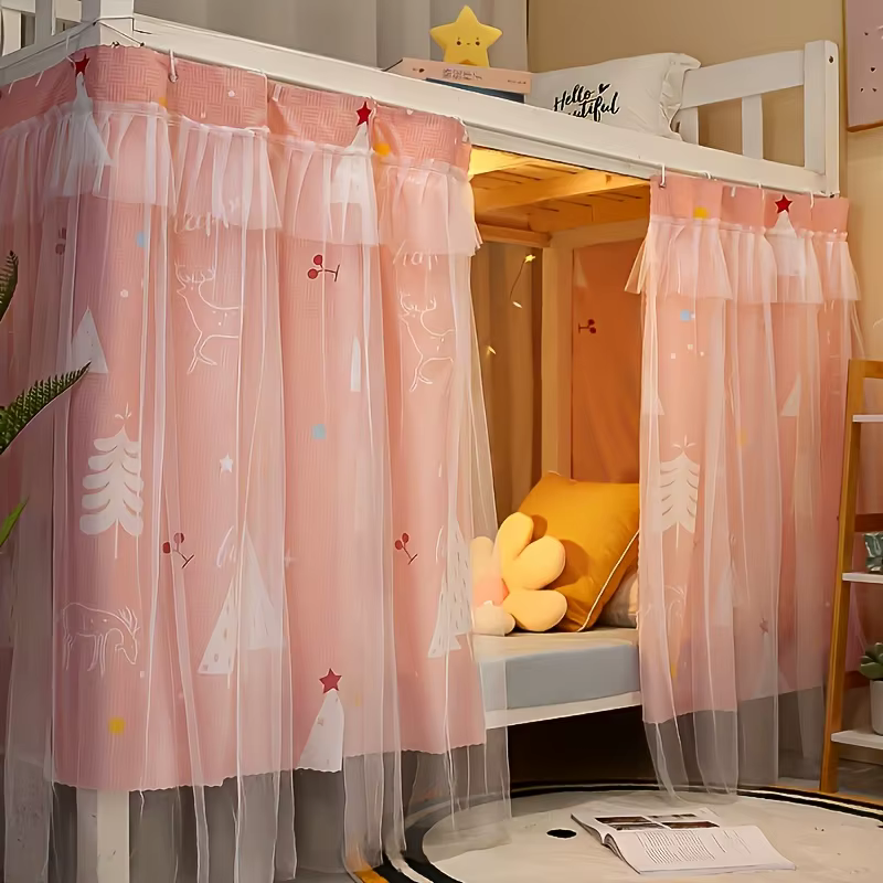 Une rideau de lit double couche avec tissu en maille, idéal pour la confidentialité et la décoration des lits simples. Parfait pour une utilisation à domicile