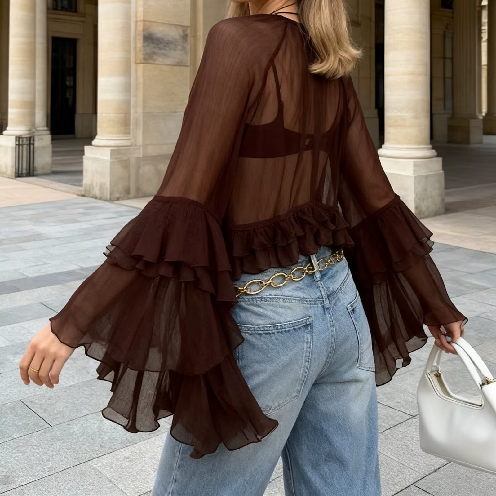 Chemisiers à volants pour femmes, style bohème, en mousseline fluide à manches cloche, transparents et sexy, avec ourlet à volants
