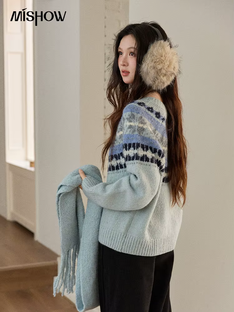 MISHOW femmes bleu Fair Isle pull 2025 hiver géométrique Jacquard ample rétro laine mélange tricot pulls MXE87Z2767