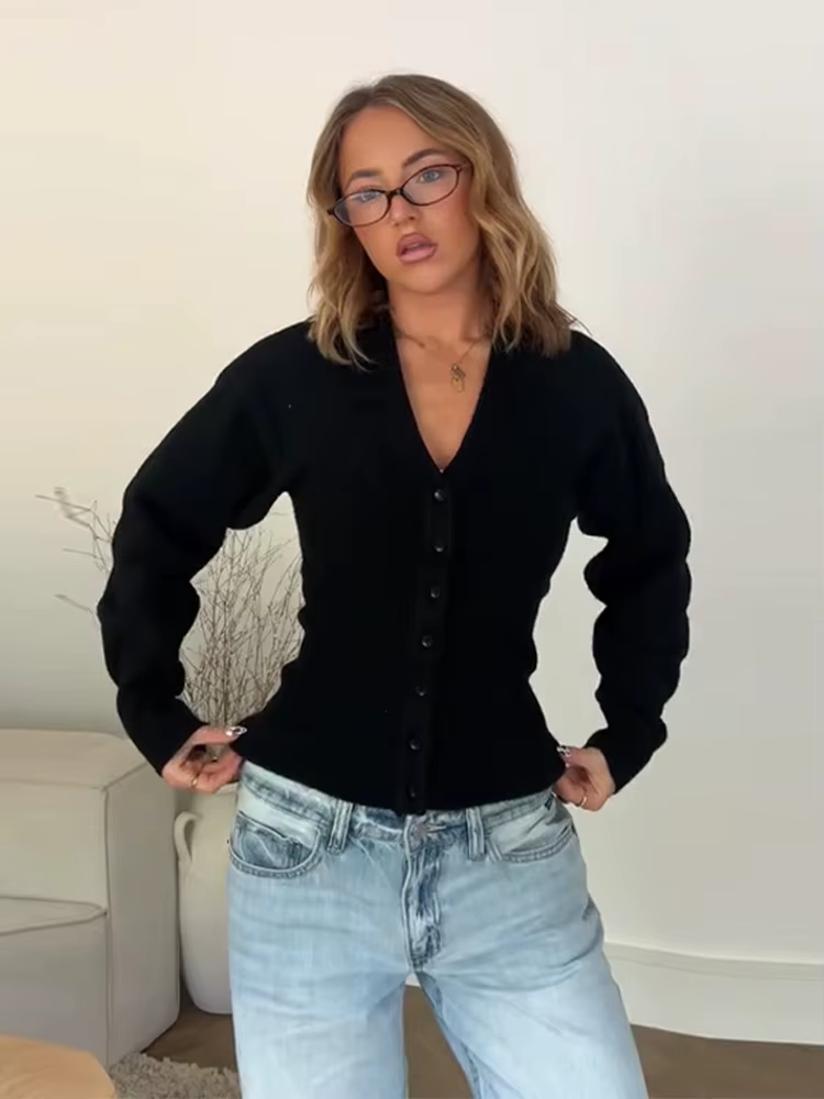 Mode col en v tricoté Cardigan femme solide simple boutonnage à manches longues mince à volants pull tricots dame Chic décontracté nouveau Cardigan