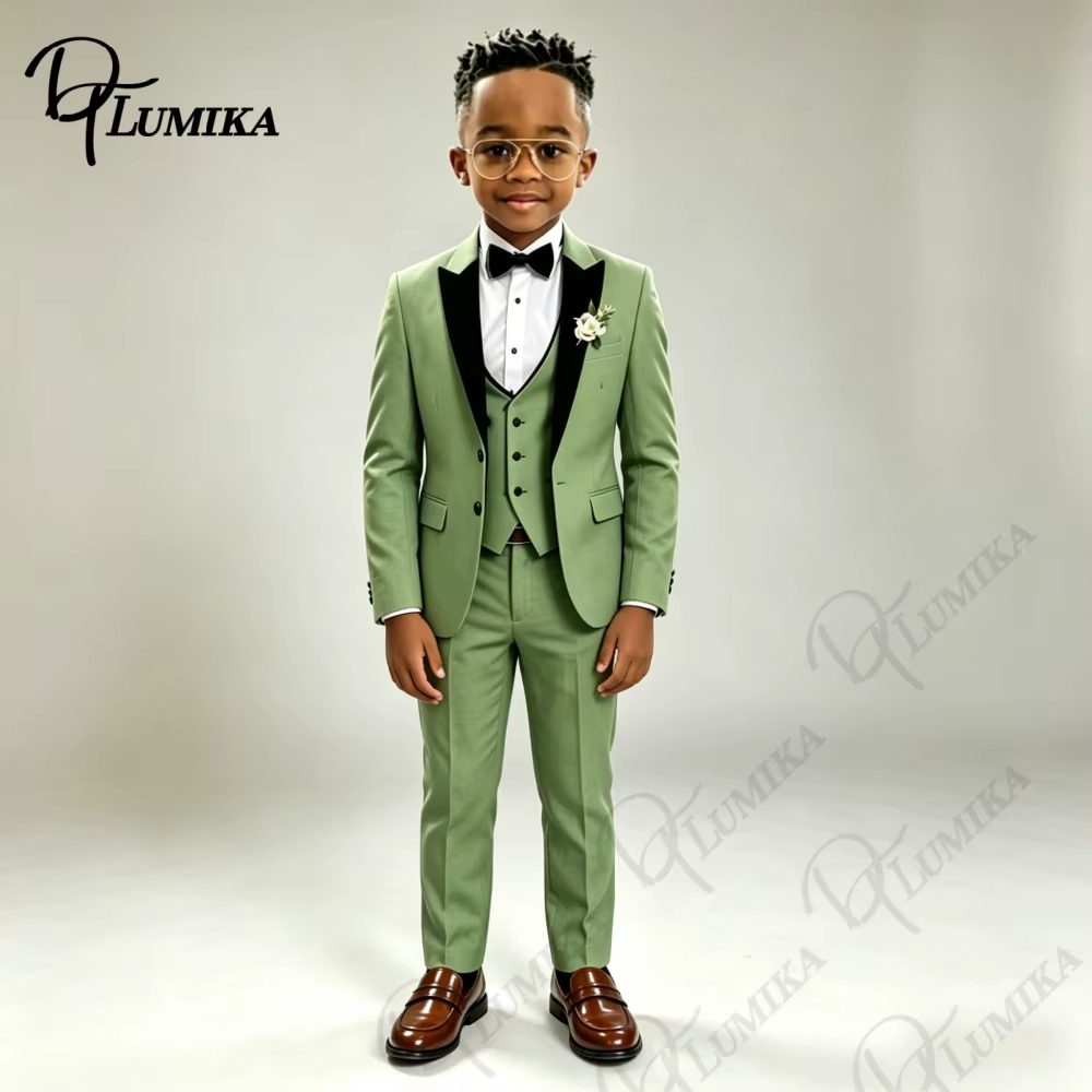 Ensemble costume vert pour garçons : veste, gilet, pantalon avec nœud papillon, blazer à revers pointus, smoking formel pour enfants pour mariage, fête, spectacle
