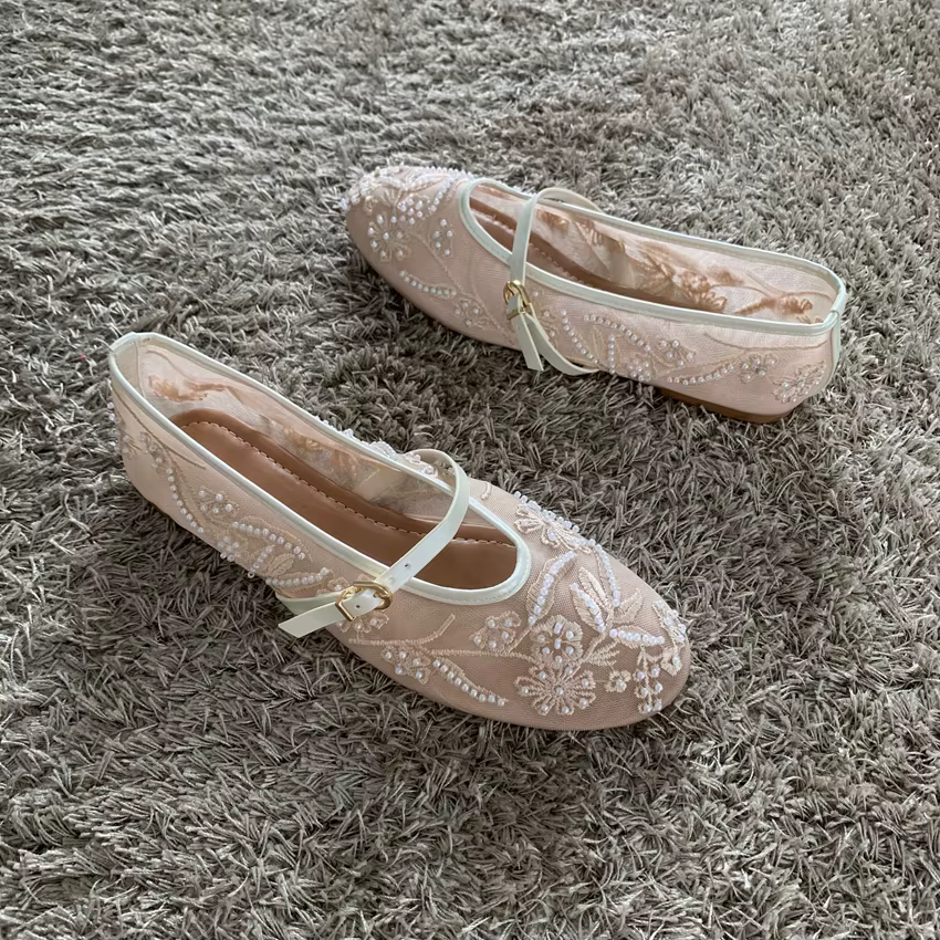 Maille broderie chaîne perle conception femmes ballerines mode boucle respirant Mary Jane chaussure confort talon bas doux plat sandale