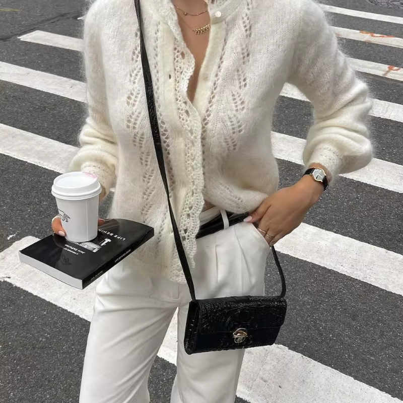 Cardigan blanc en dentelle creuse pour femme