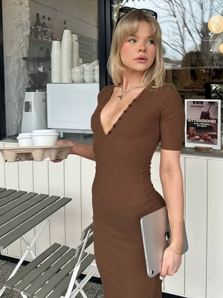 Robe longue à col en v pour femmes, vêtements d'été à manches courtes, couleur unie, une pièce, boutons Streetwear