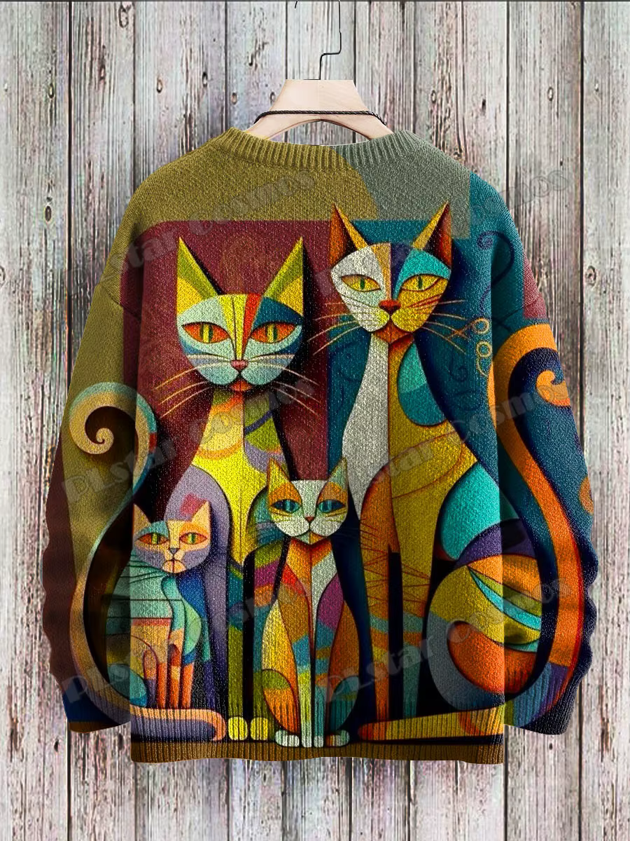 Pull en tricot multicolore pour hommes, motif de chat d'art géométrique abstrait, pull unisexe décontracté, impression 3D, hiver, ZZM101