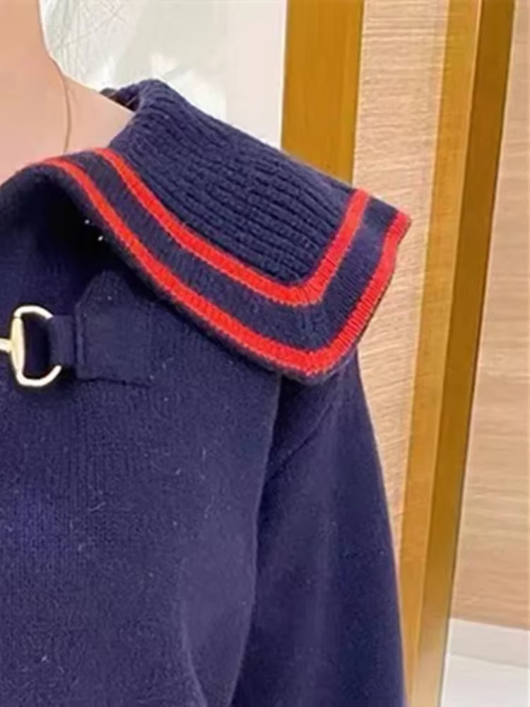 Pull à col marin pour femme, style preppy, automne-hiver, pull à manches longues, tricot avec chaîne en métal