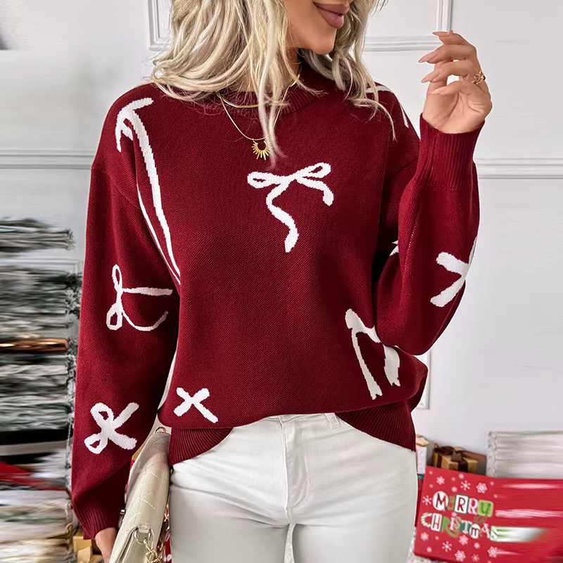 Pull de noël femmes décontracté col rond à manches longues imprimé chandails tricotés