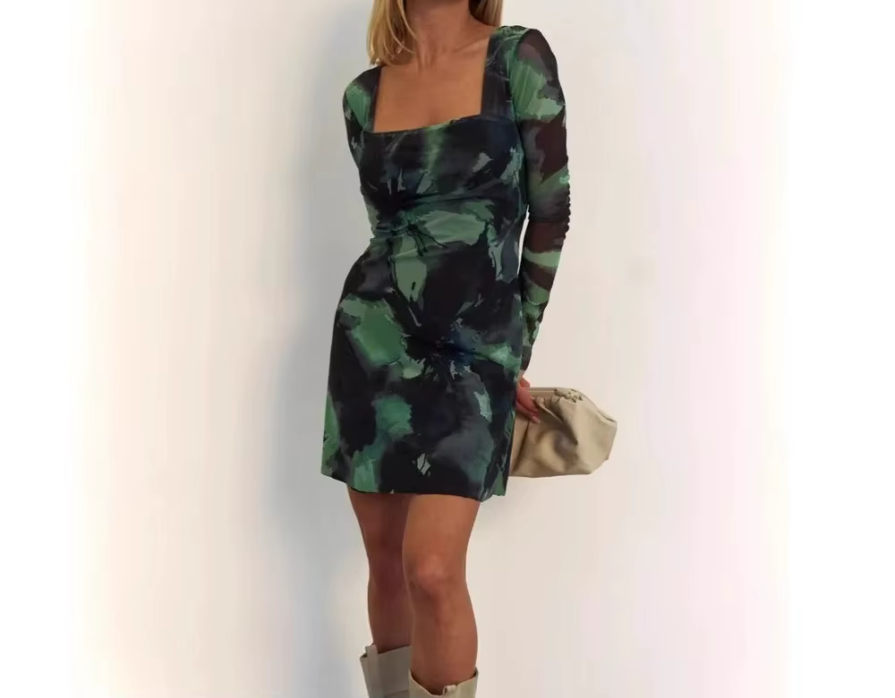 Robe longue à col carré pour femmes, manches longues, sexy, personnalité, mode, doublée, style A
