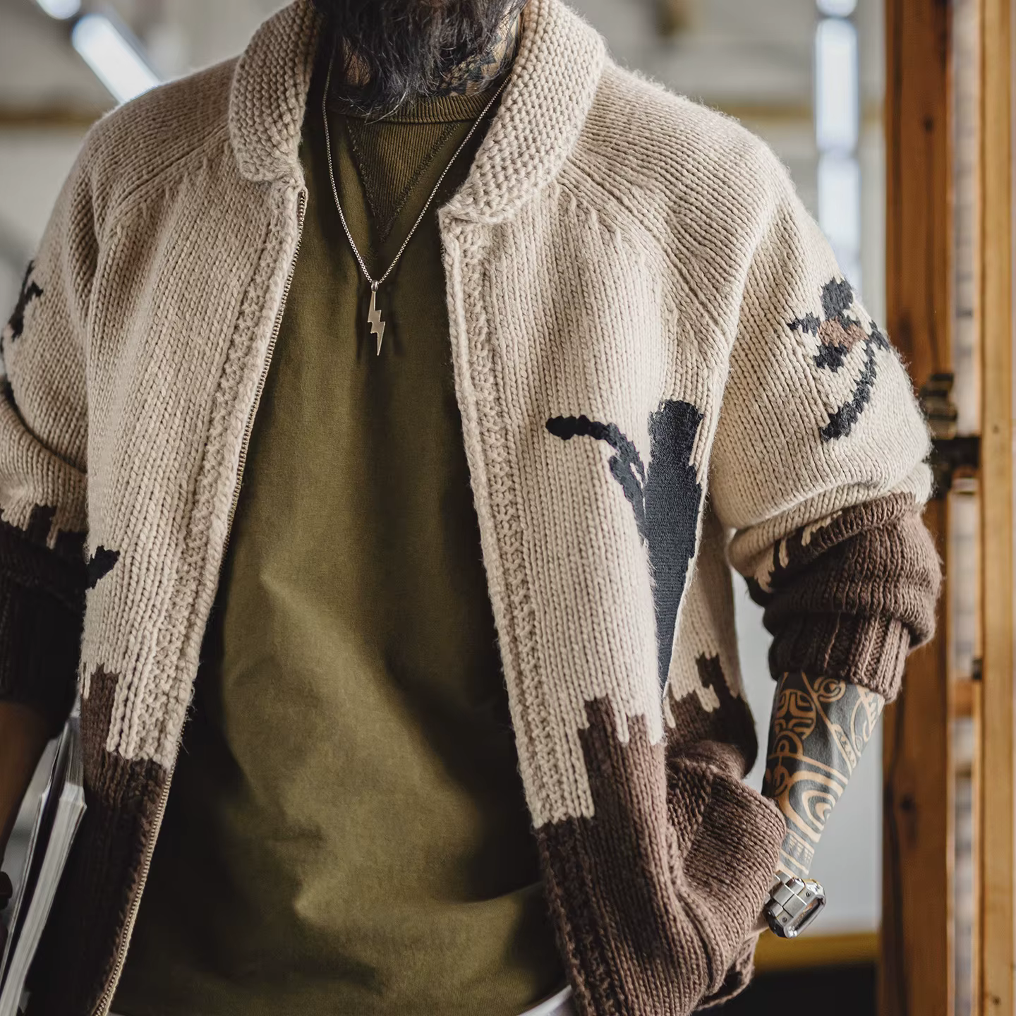 Maden hommes rétro brodé chasse Cardigan zippé pull kaki tricot veste décontracté doux chaud manteau automne hiver mâle vêtements
